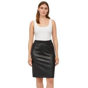 Black Faux Leather Croc-Embossed Pencil Skirt with Elastic Waist